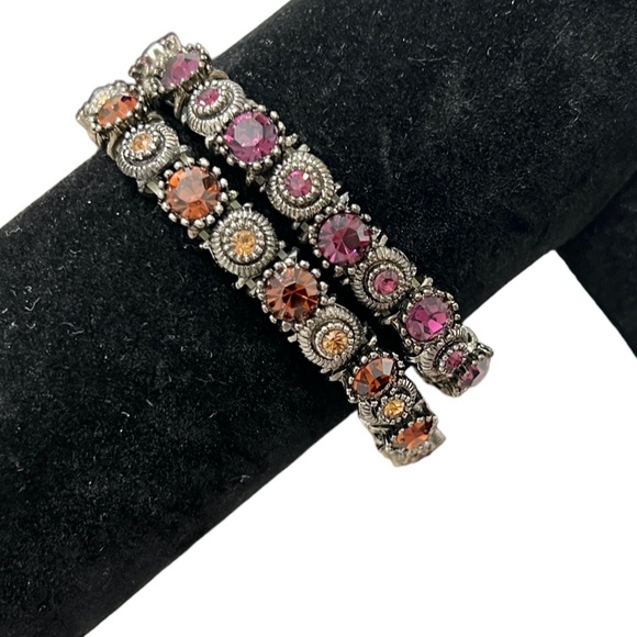 VINTAGE PURPLE & ORANGE CRYSTAL STRETCHY BRACELETS SET IN SILVER TONE - SET OF 2 - Picture 1 of 16